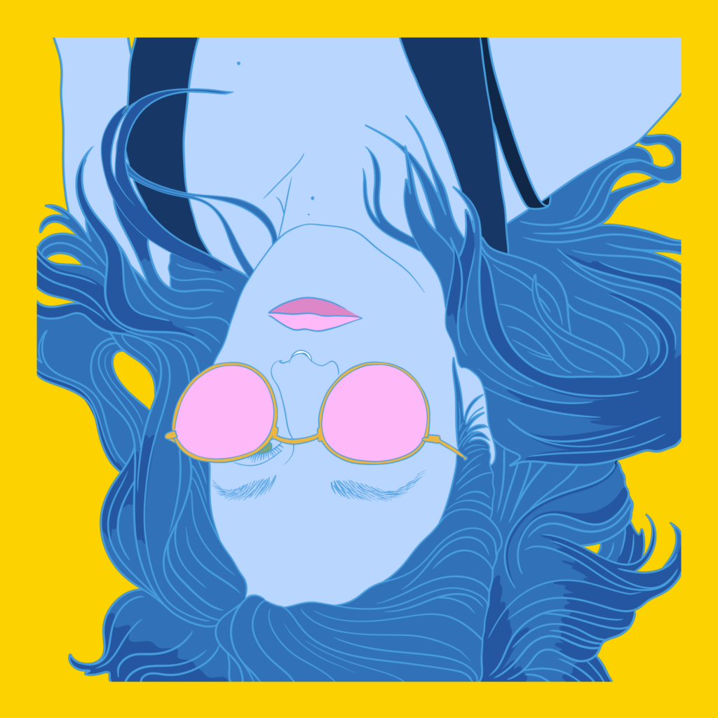 drawing of a woman laying upside down, blue hair, blue skin, pink glasses