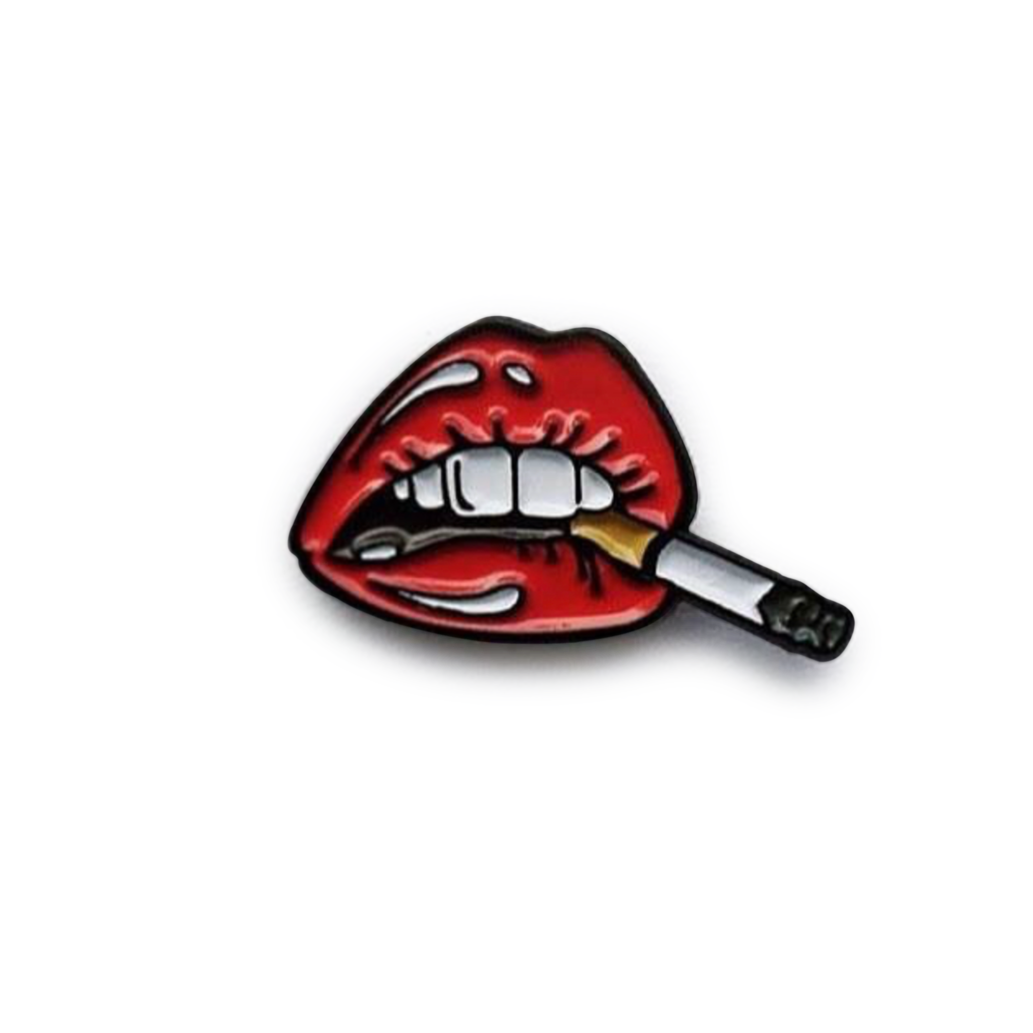 a lapel pin of red lips smoking a cigarette