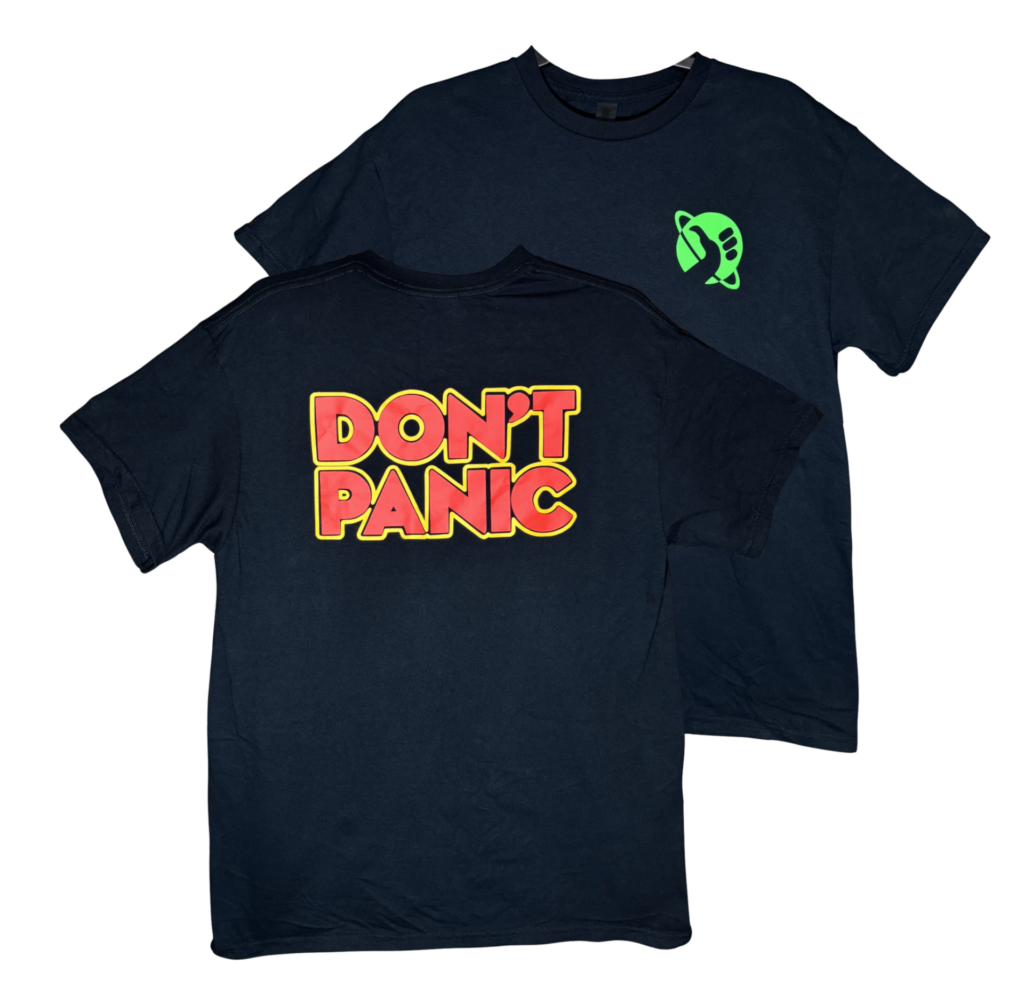 photo of front and back of tshirt. Hitchhiker's thumb in green on front, and DONT PANIC on the back