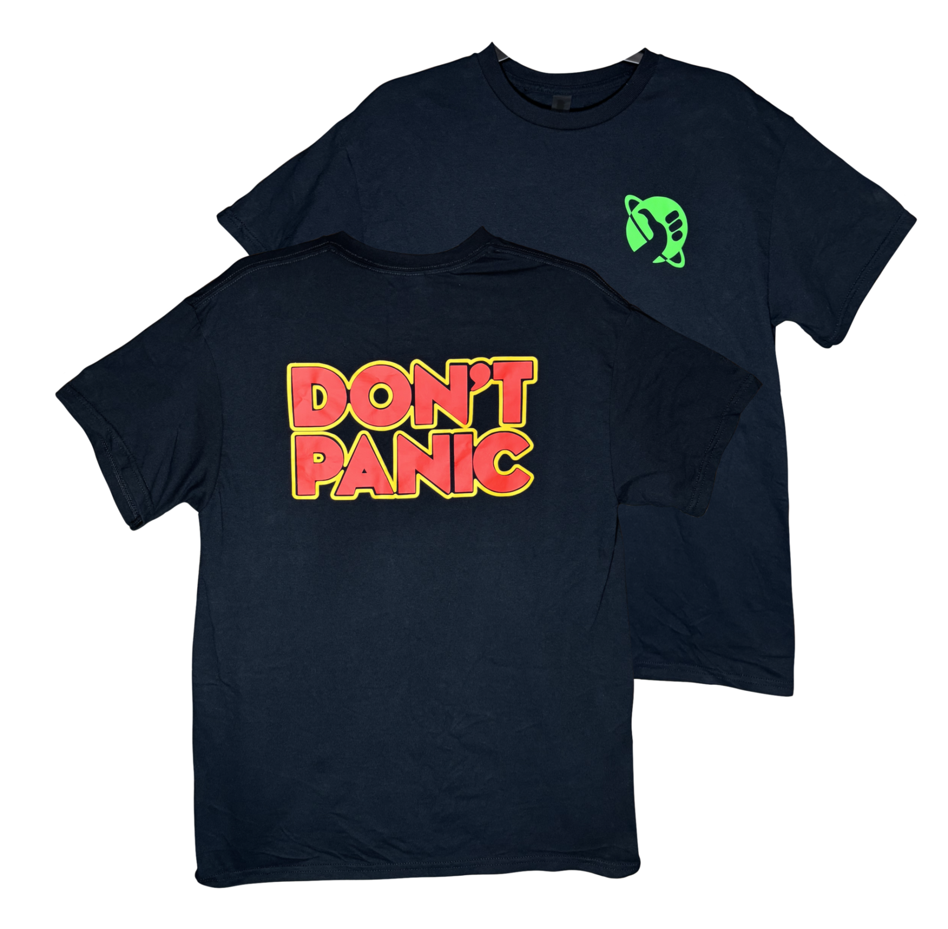 photo of front and back of tshirt. Hitchhiker's thumb in green on front, and DONT PANIC on the back